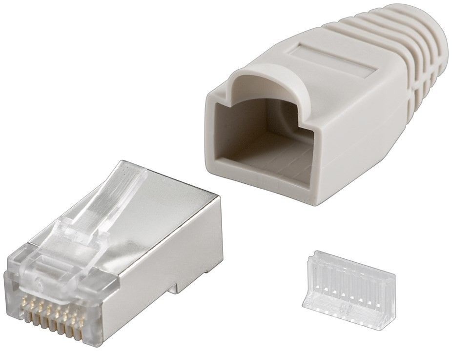Goobay 68746 RJ45 plug, CAT 5e STP shielded with strain-relief boot, grey | for round cable with Threader cable lead in 6.4 mm single packed (1 set per polybag) Technical specifications Connections Connection, type RJ45 male (8P8C) Connection, contact material gold-plated 3µ Contacting 8 Pin Cable Specification CAT 5e Shielding class STP AWG 26-24 General Consumption Unit 10 pcs. polybag Color grey