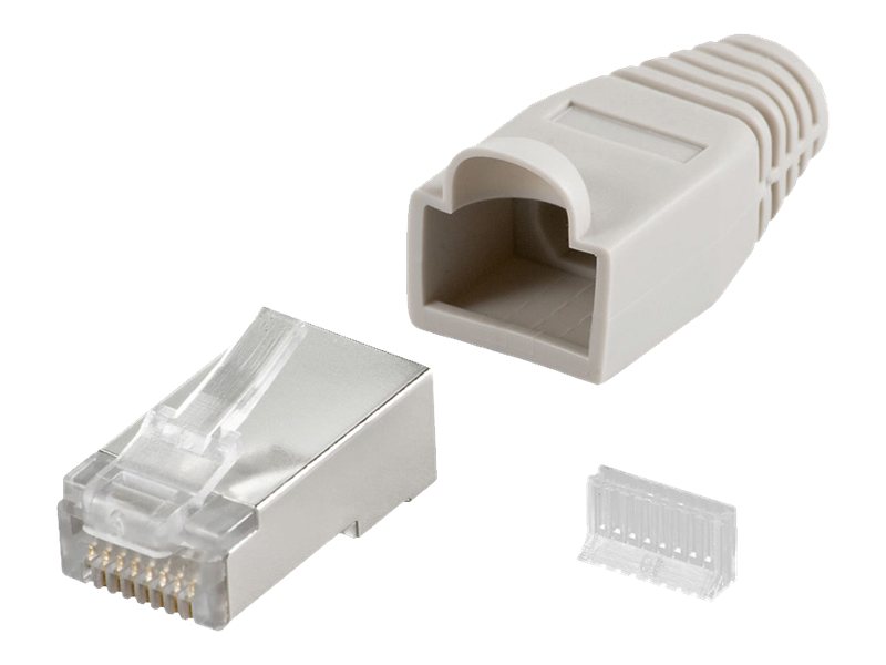 Goobay 68746 RJ45 plug, CAT 5e STP shielded with strain-relief boot, grey | for round cable with Threader cable lead in 6.4 mm single packed (1 set per polybag) Technical specifications Connections Connection, type RJ45 male (8P8C) Connection, contact material gold-plated 3µ Contacting 8 Pin Cable Specification CAT 5e Shielding class STP AWG 26-24 General Consumption Unit 10 pcs. polybag Color grey - Image 2