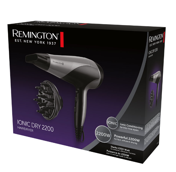 Remington Hair Dryer | D3190S | 2200 W | Number of temperature settings 3 | Ionic function | Diffuser nozzle | Grey/Black - Image 4