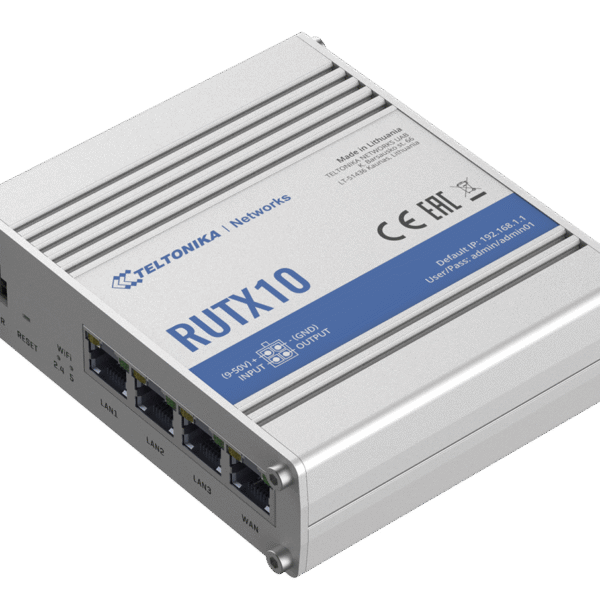 Industrial Router | RUTX10 | 802.11ac | 867 Mbit/s | 10/100/1000 Mbit/s | Ethernet LAN (RJ-45) ports 4 | Mesh Support No | MU-MiMO No | No mobile broadband | 1 | 24 month(s)