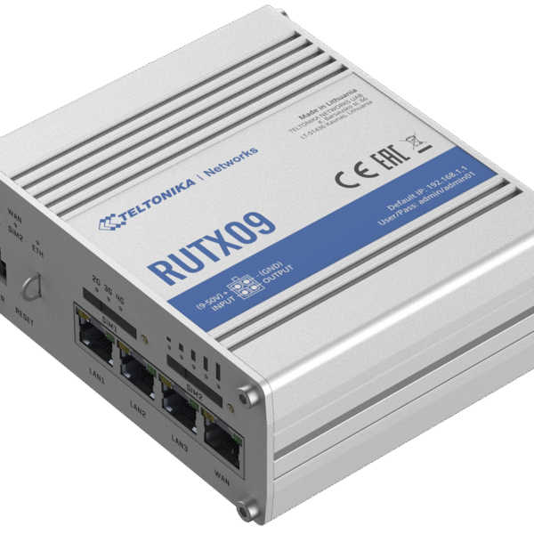 Rugged Industrial LTE-A Cat6 Router | RUTX09 | No Wi-Fi | 10/100/1000 Mbit/s | Ethernet LAN (RJ-45) ports 4 | Mesh Support No | MU-MiMO No | 2G/3G/4G