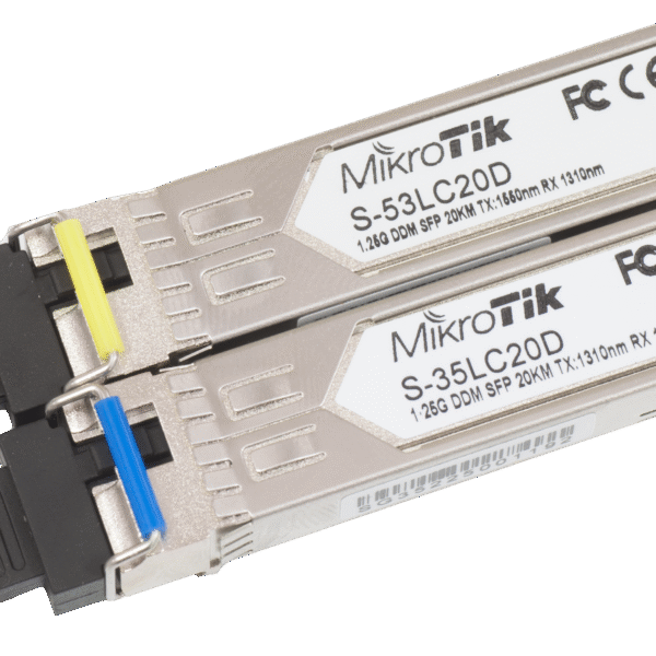 MikroTik Pair of SFP modules S-3553LC20D (S-35LC20D 1.25G SM 20km T1310nm/R1550nm + S-53LC20D 1.25G SM 20km T1550nm/R1310nm) | MikroTik | Maximum transfer distance 20000 m