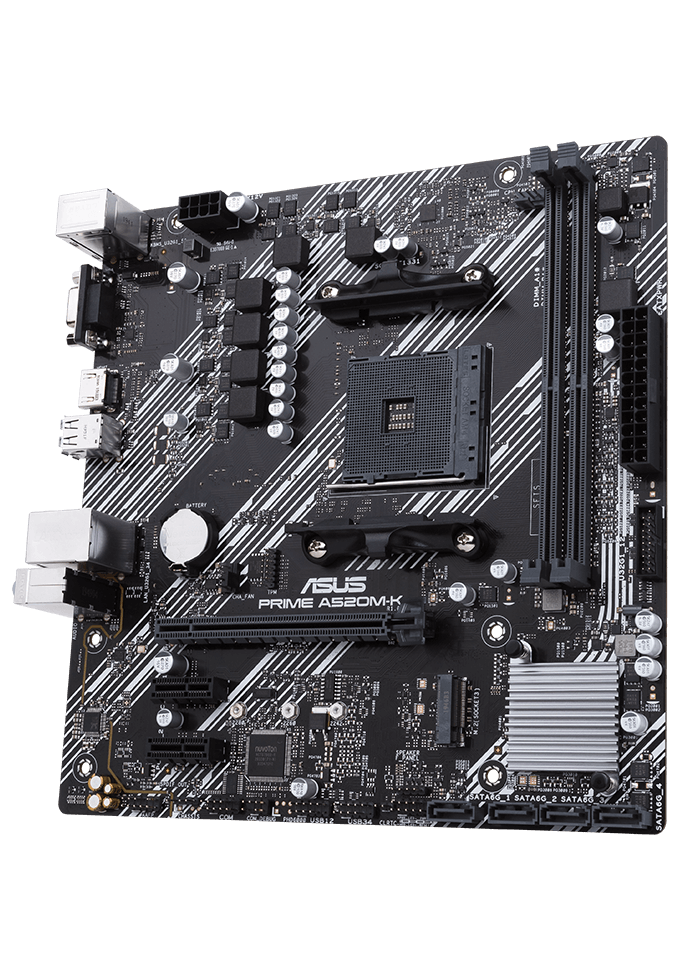 Asus | PRIME A520M-K | Processor family AMD | Processor socket AM4 | DDR4 | Memory slots 2 | Supported hard disk drive interfaces M.2, SATA | Number of SATA connectors 4 | Chipset AMD A | Micro ATX - Image 3