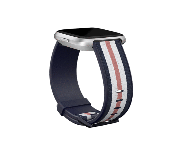 Fitbit | Versa-Lite Woven Hybrid Band, large, navy/pink | The Fitbit Versa woven hybrid band is made of polyester woven material on top and fluoroelastomer material on the bottom with an aluminium buckle. | The Fitbit Versa woven hybrid band is not water resistant. - Image 2