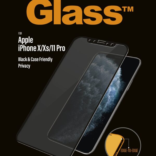 PanzerGlass | P2666 | Screen protector | Apple | iPhone X/Xs/11 Pro | Tempered glass | Black | Confidentiality filter; Full frame coverage; Anti-shatter film (holds the glass together and protects against glass shards in case of breakage); Case Friendly – compatible with all Cases; Anti-glare coating (reduces light reflection); Blue light reduction; Easy Installation with full adhesive; Oleophobic layer (anti-bacterial + anti-fingerprint); 100% touch preservation; Maintains all phone functionalities