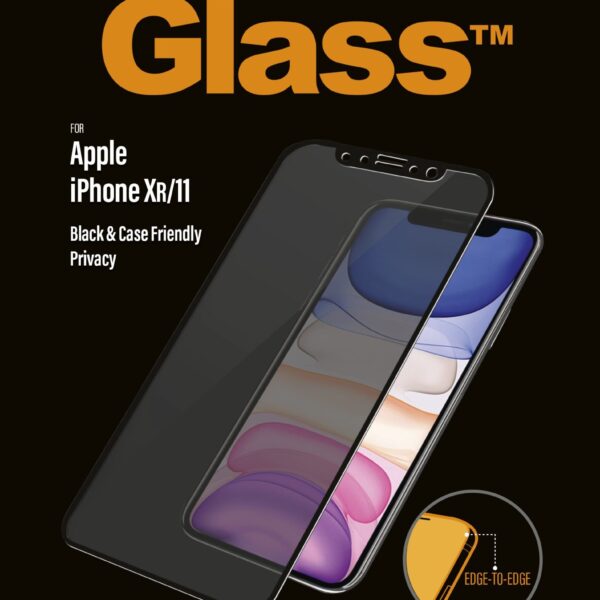 PanzerGlass | P2665 | Screen protector | Apple | iPhone Xr/11 | Tempered glass | Black | Confidentiality filter; Full frame coverage; Anti-shatter film (holds the glass together and protects against glass shards in case of breakage); Case Friendly – compatible with all Cases; Anti-glare coating (reduces light reflection); Blue light reduction; Easy Installation with full adhesive; Oleophobic layer (anti-bacterial + anti-fingerprint); 100% touch preservation; Maintains all phone functionalities