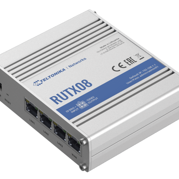 Industrial Router | RUTX08 | No Wi-Fi | 10/100/1000 Mbit/s | Ethernet LAN (RJ-45) ports 4 | Mesh Support No | MU-MiMO No | No mobile broadband | 1 | 24 month(s)