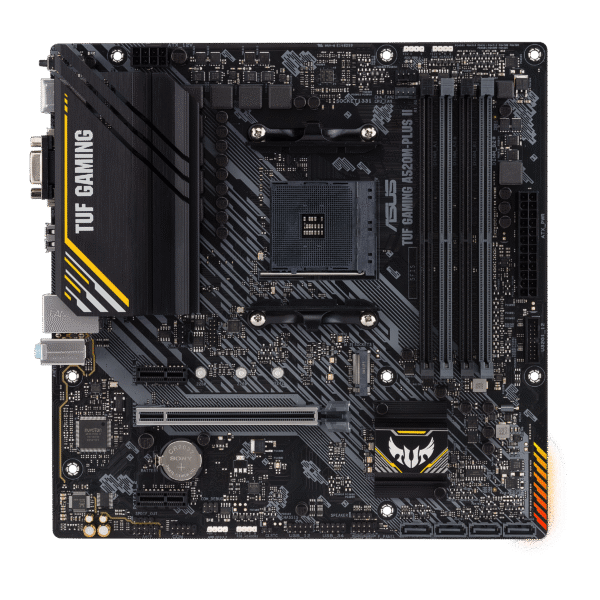 Asus | TUF GAMING A520M-PLUS II | Processor family AMD | Processor socket AM4 | DDR4 DIMM | Memory slots 4 | Supported hard disk drive interfaces SATA, M.2 | Number of SATA connectors 4 | Chipset AMD A520 | Micro ATX