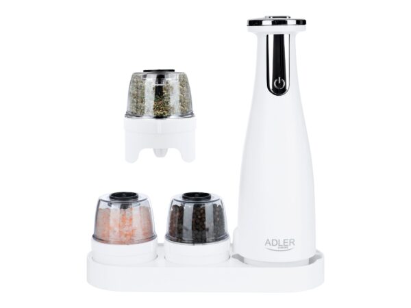 Adler | Electric Salt and pepper grinder | AD 4449w | Grinder | 7 W | Housing material ABS plastic | Lithium | Mills with ceramic querns; Charging light; Auto power off after: 3 minutes; Fully charged for 120 minutes of continuous use; Charging time: 2.5 hours; Cable charging: USB-C-USB-A; Grinder capacity: 150ml; Included: base, 3 replaceable grinders, tray, USB charging cable | Matte White - Image 2