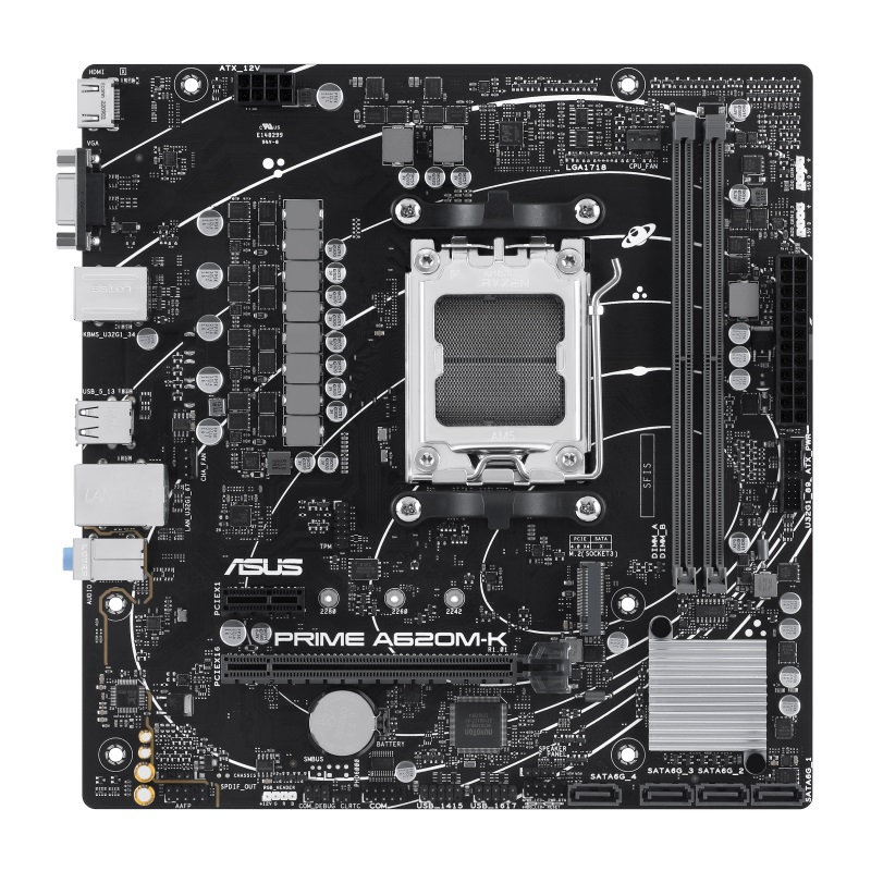 Asus | PRIME A620M-K | Processor family AMD | Processor socket AM5 | DDR5 DIMM | Memory slots 2 | Supported hard disk drive interfaces SATA, M.2 | Number of SATA connectors 4 | Chipset AMD A620 | micro-ATX - Image 3