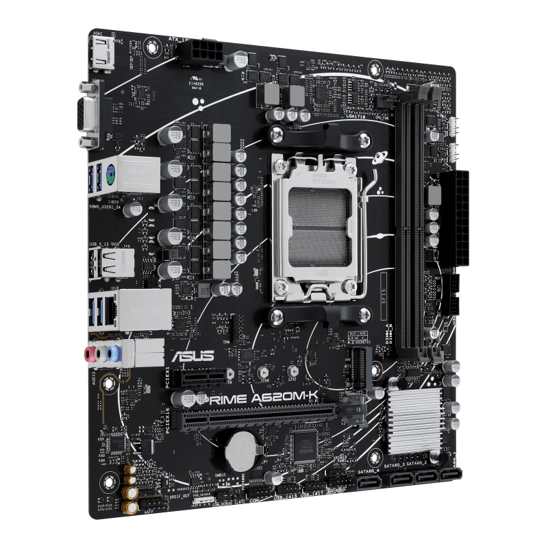 Asus | PRIME A620M-K | Processor family AMD | Processor socket AM5 | DDR5 DIMM | Memory slots 2 | Supported hard disk drive interfaces SATA, M.2 | Number of SATA connectors 4 | Chipset AMD A620 | micro-ATX - Image 4