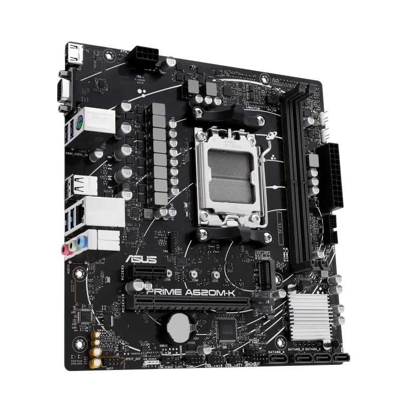 Asus | PRIME A620M-K | Processor family AMD | Processor socket AM5 | DDR5 DIMM | Memory slots 2 | Supported hard disk drive interfaces SATA, M.2 | Number of SATA connectors 4 | Chipset AMD A620 | micro-ATX - Image 5