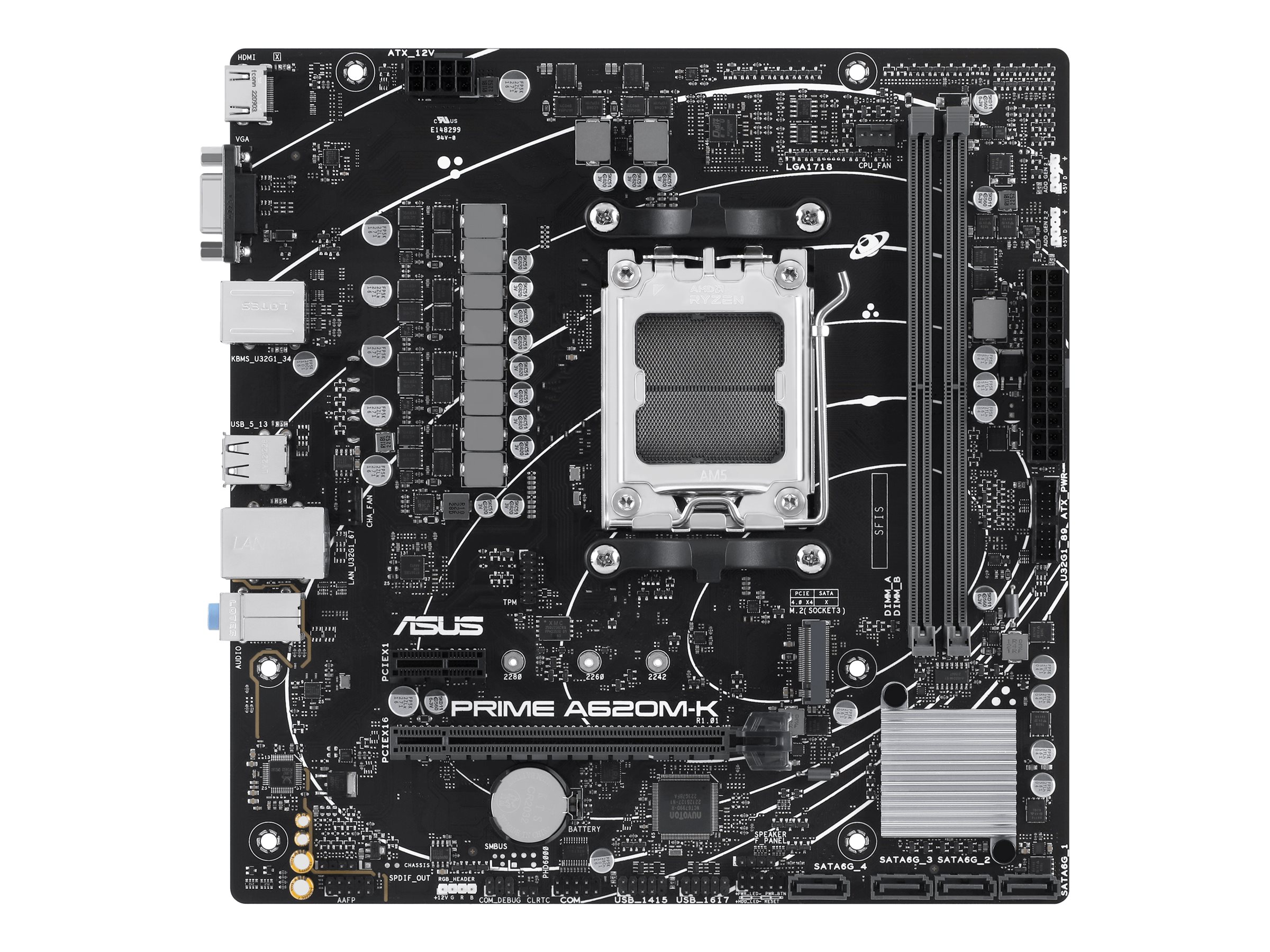 Asus | PRIME A620M-K | Processor family AMD | Processor socket AM5 | DDR5 DIMM | Memory slots 2 | Supported hard disk drive interfaces SATA, M.2 | Number of SATA connectors 4 | Chipset AMD A620 | micro-ATX - Image 2
