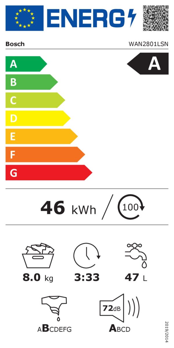 Bosch | Washing Machine | WAN2801LSN | Energy efficiency class A | Front loading | Washing capacity 8 kg | 1400 RPM | Depth 59 cm | Width 59.8 cm | Display | LED | Steam function | White - Image 8