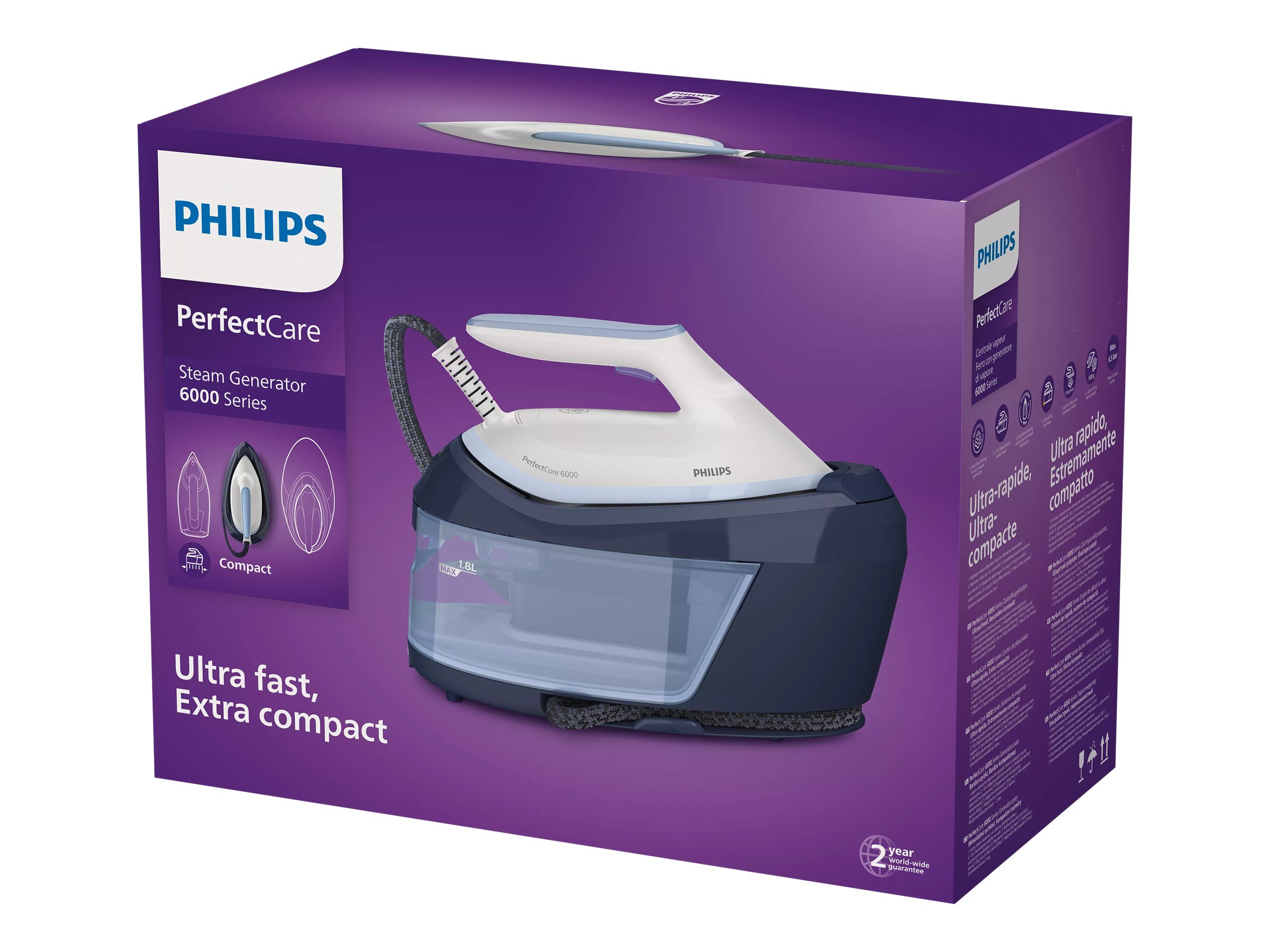Philips | Steam Generator | PerfectCare PSG6026/20 | 2400 W | 1.8 L | 6.5 bar | Auto power off | Vertical steam function | Calc-clean function | Blue/White - Image 10
