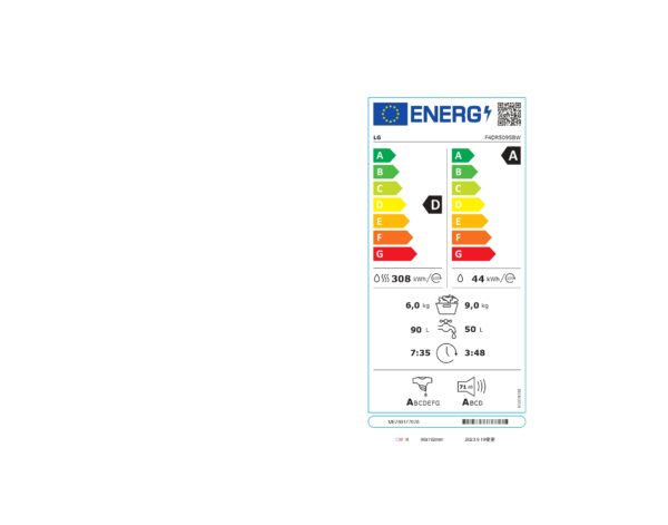 LG | Washing machine with dryer | F4DR509SBW | Energy efficiency class A | Front loading | Washing capacity 	9 kg | 1400 RPM | Depth 55 cm | Width 60 cm | Display | Rotary knob + LED | Drying system | Drying capacity 6 kg | Steam function | Direct drive | White - Image 14