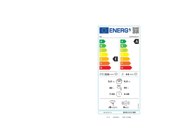 LG | Washing machine with dryer | F2DR509S1W | Energy efficiency class A-10% | Front loading | Washing capacity 	9 kg | 1200 RPM | Depth 47.5 cm | Width 60 cm | Display | Rotary knob + LED | Drying system | Drying capacity 5 kg | Steam function | Direct drive | White - Image 15