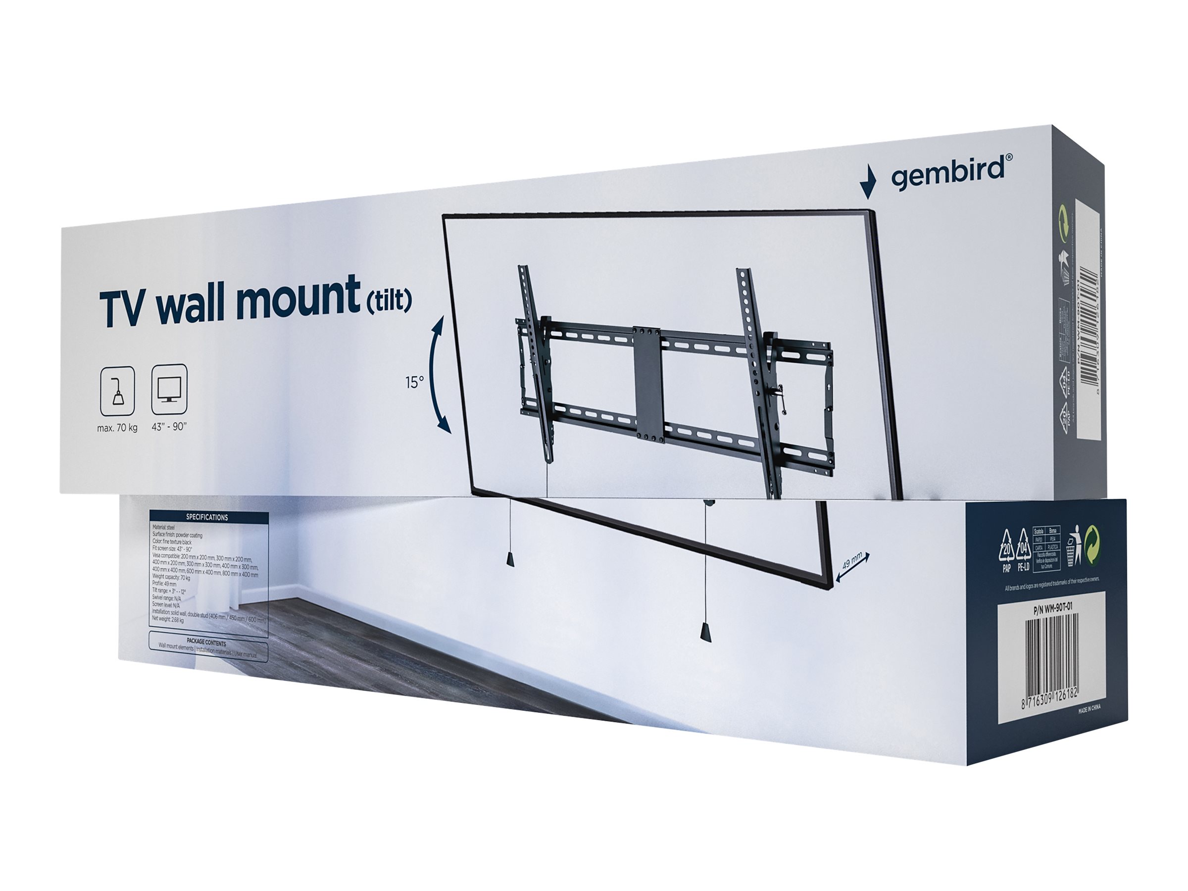 Gembird | Wall mount | WM-90T-01 | Tilt | 43-90 " | Maximum weight (capacity) 70 kg | Black - Image 2
