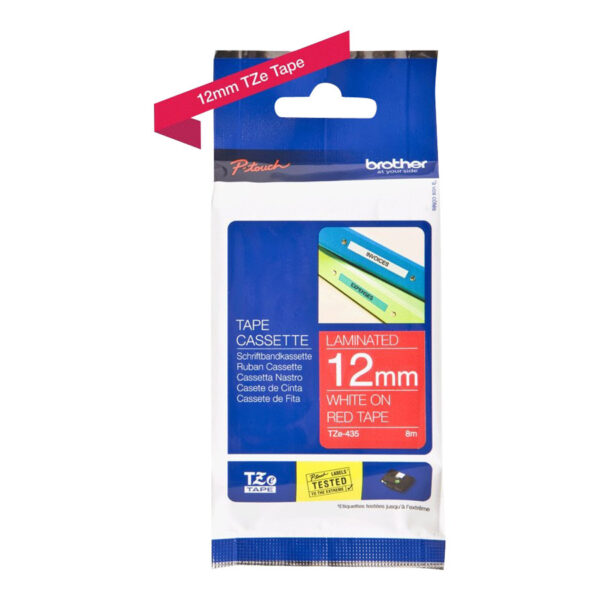 Brother | TZe-435 Laminated Tape | White on Red | TZe | 8 m | 1.2 cm