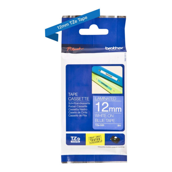 Brother | TZe-535 Laminated tape | White on Blue | TZe | 8 m | 1.2 cm