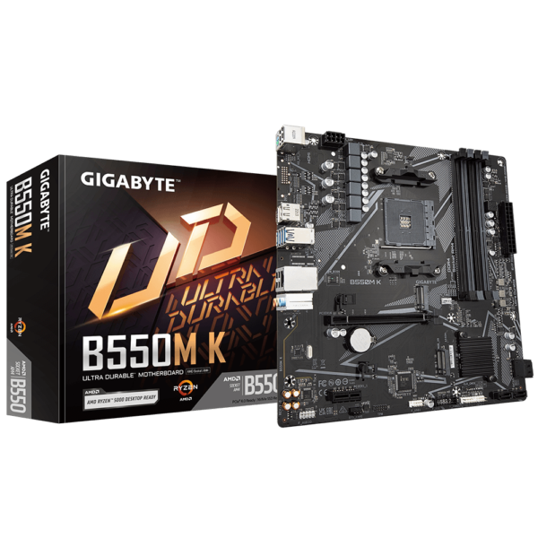 Gigabyte | B550M K 1.0 M/B | Processor family AMD | Processor socket AM4 | DDR4 DIMM | Memory slots 4 | Supported hard disk drive interfaces SATA, M.2 | Number of SATA connectors 4 | Chipset AMD B550 | Micro ATX