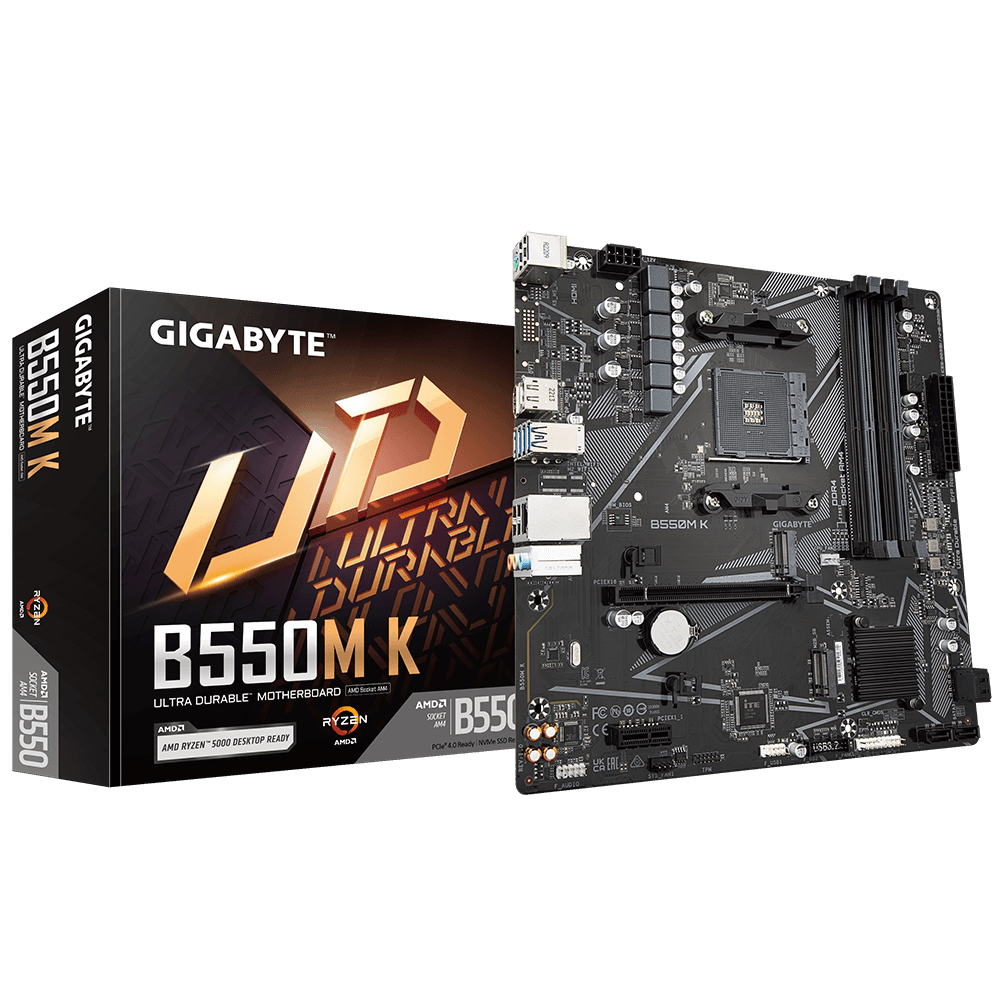 Gigabyte | B550M K 1.0 M/B | Processor family AMD | Processor socket AM4 | DDR4 DIMM | Memory slots 4 | Supported hard disk drive interfaces SATA, M.2 | Number of SATA connectors 4 | Chipset AMD B550 | Micro ATX