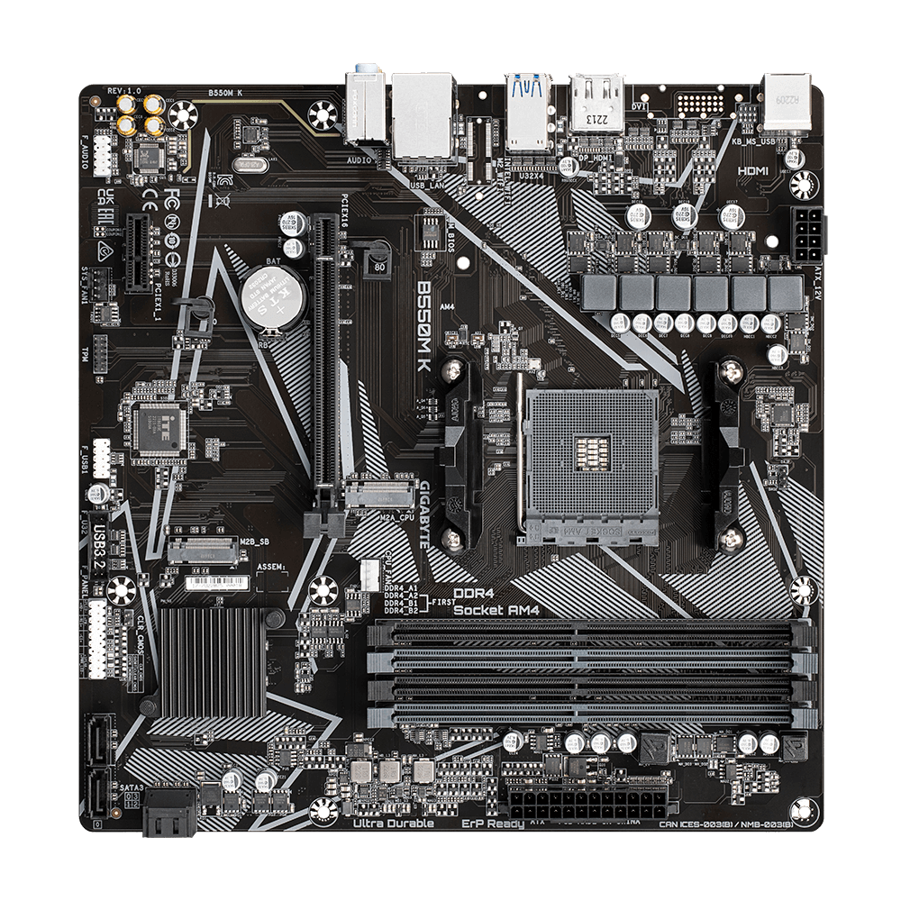 Gigabyte | B550M K 1.0 M/B | Processor family AMD | Processor socket AM4 | DDR4 DIMM | Memory slots 4 | Supported hard disk drive interfaces SATA, M.2 | Number of SATA connectors 4 | Chipset AMD B550 | Micro ATX - Image 7
