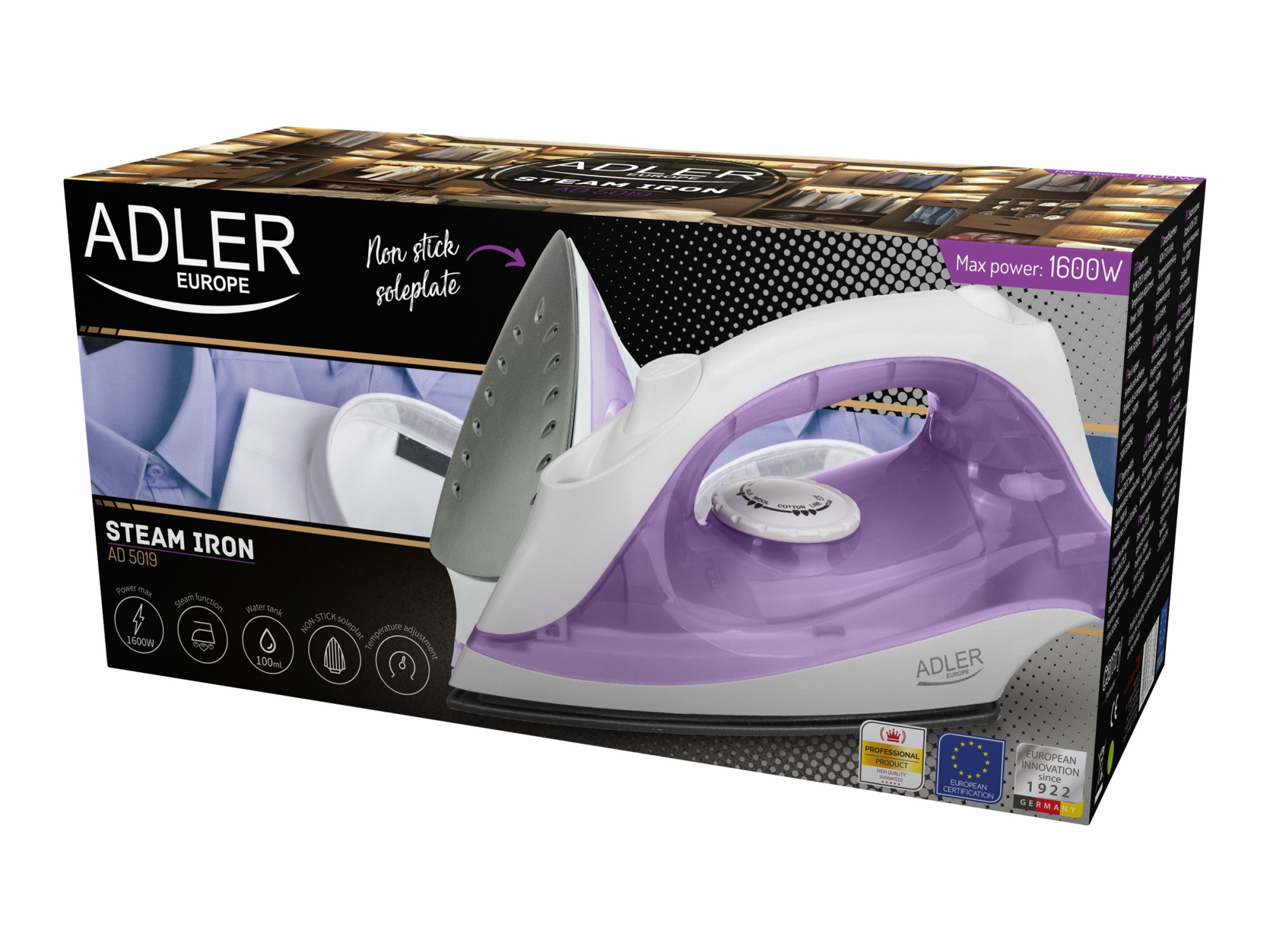 Iron | Adler | AD 5019 | With cord | 1600 W | Water tank capacity 100 ml | Continuous steam 10 g/min | Violet/White - Image 4