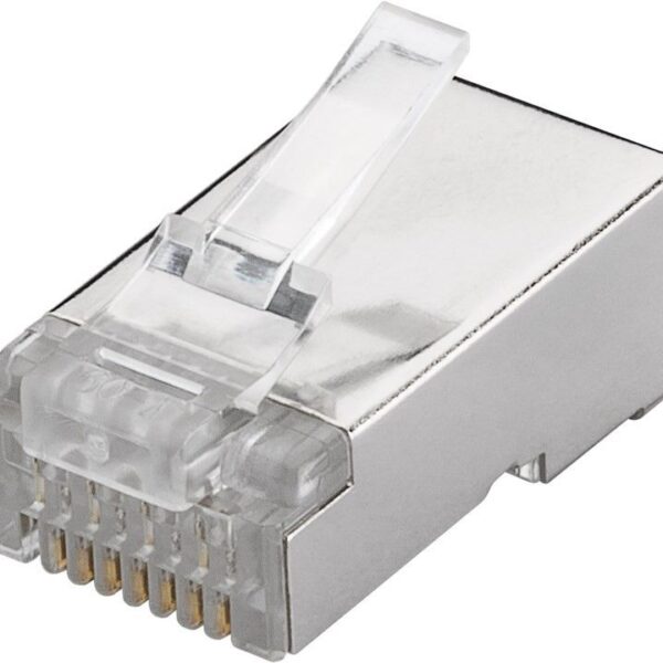 Goobay 93829 RJ45 plug, CAT 6 STP shielded | for round cable for stranded and solid inner conductor Technical specifications Connections Connection, type RJ45 male (8P8C) Connection, contact material gold-plated 15µ Contacting 4+4 Pin Cable Specification CAT 6 Shielding class STP AWG 26-23 General Consumption Unit 1 pcs.