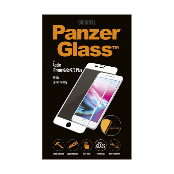 PanzerGlass | 2621 Casefriendly | Screen protector | Apple | iPhone 6/6s/7/8 Plus | Tempered glass | Transparent/White | Original PanzerGlass™ tempered glass screen protector/Crystal Clear/Full frame coverage/Oleophobic layer (antibacterial + anti-fingerprint)/100% touch preservation