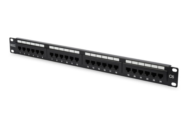 Digitus | Patch Panel | DN-91624U | Black | Category: CAT 6; Ports: 24 x RJ45; Retention strength: 7.7 kg; Insertion force: 30N max | 48.2 x 4.4 x 10.9 cm
