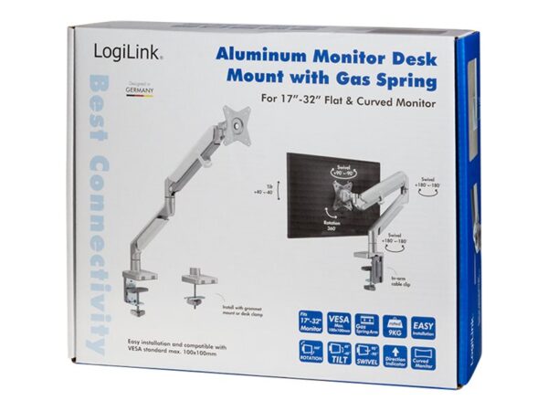Logilink | Desk Mount | Tilt, swivel, level adjustment, rotate | 17-32 " | Maximum weight (capacity) 9 kg | Silver - Image 13