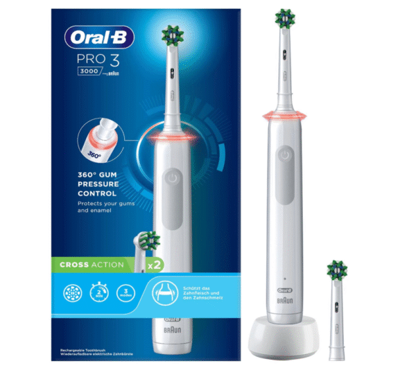 Oral-B Electric Toothbrush | Pro 3 3000 Cross Action | Rechargeable | For adults | Number of brush heads included 2 | Number of teeth brushing modes 3 | White - Image 2
