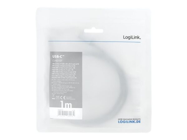 Logilink | USB 3.2 Gen 2 cable, C/M to C/M, 4K/60Hz, PD,alu | CUA0107 | USB-C to USB-C USB-C male | USB-C male - Image 5
