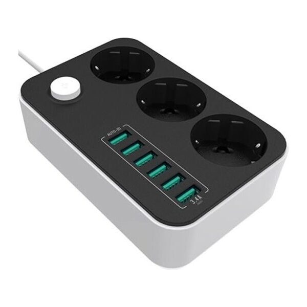 10 A | Power Socket :3 EU plugs/6USB Blac | CW-CHE36B | Black | 1.8 m