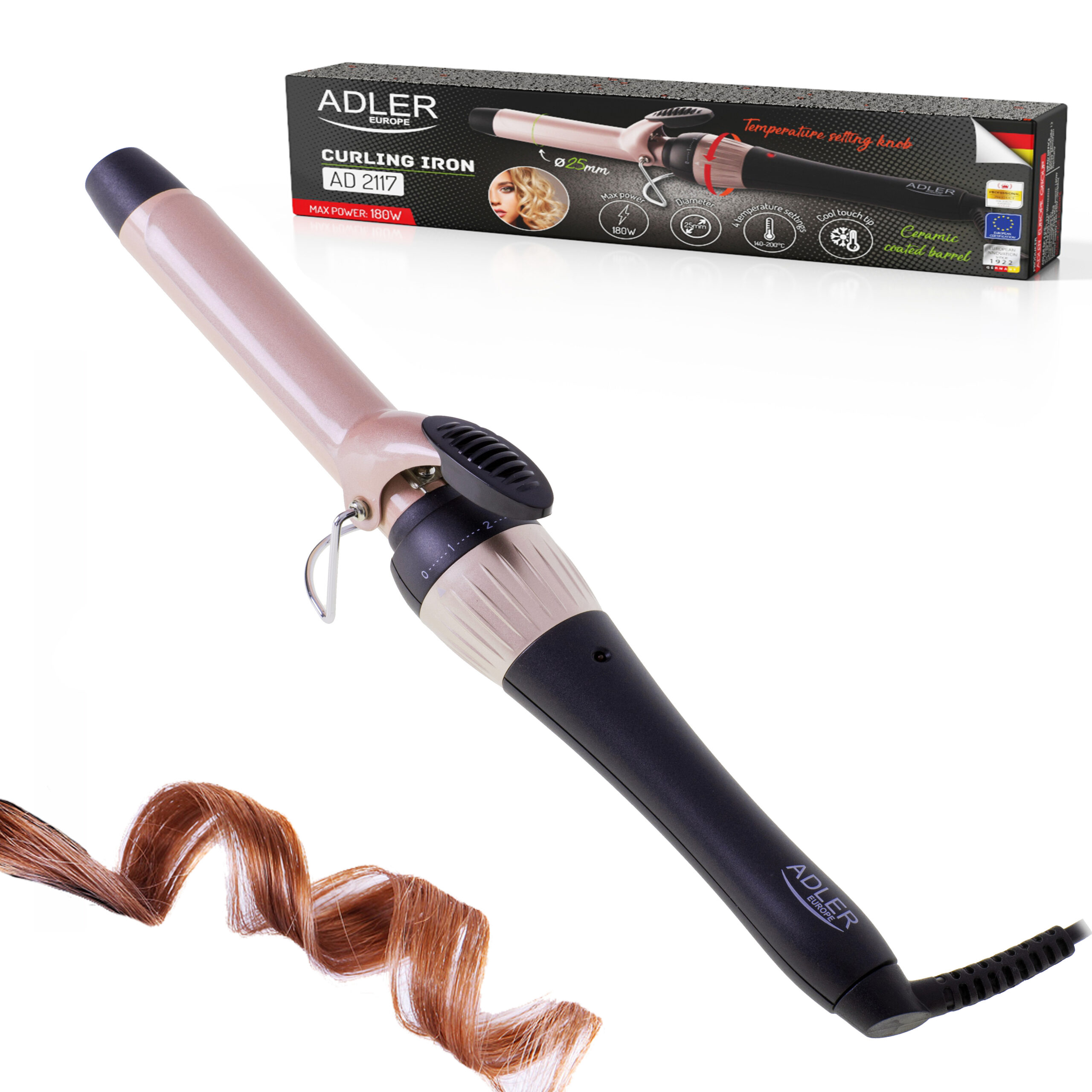 Adler | Curling Iron | AD 2117 | Ceramic heating system | Barrel diameter 25 mm | Temperature (max) 200 °C | 45 W | Black/Pink - Image 5