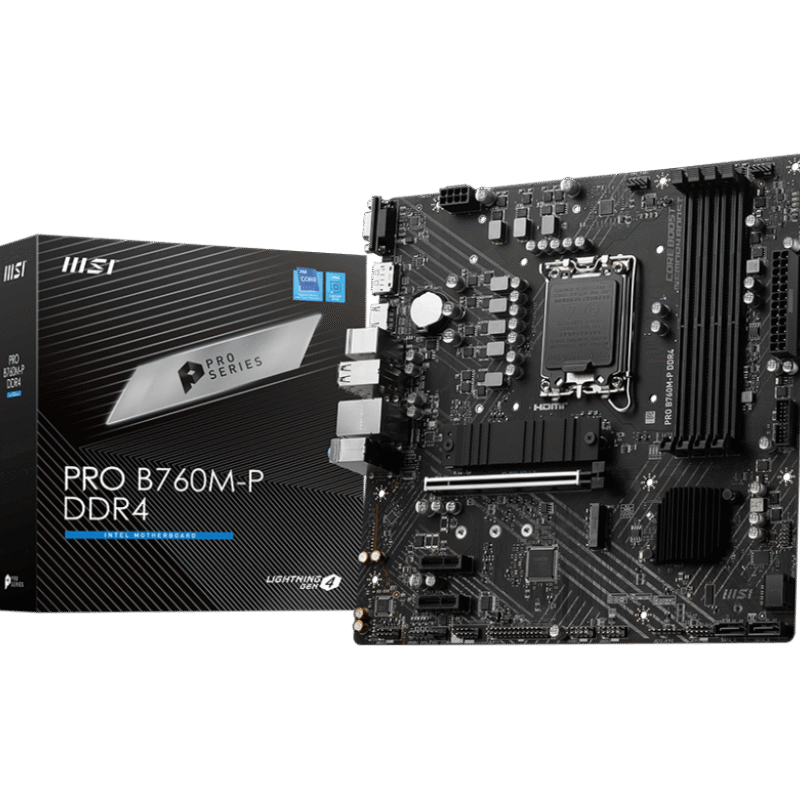 MSI | PRO B760M-P DDR4 | Processor family Intel | Processor socket LGA1700 | DDR4 DIMM | Memory slots 4 | Supported hard disk drive interfaces SATA, M.2 | Number of SATA connectors 4 | Chipset Intel B760 | mATX