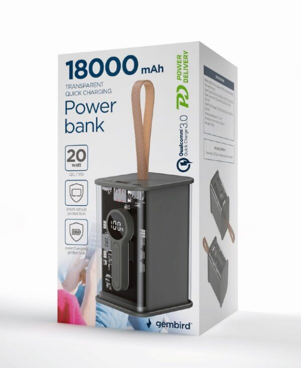 Gembird | Transparent QC3.0 Quick Charging Power Bank | PB18-TQC3-01 | 18000 mAh | Black - Image 6