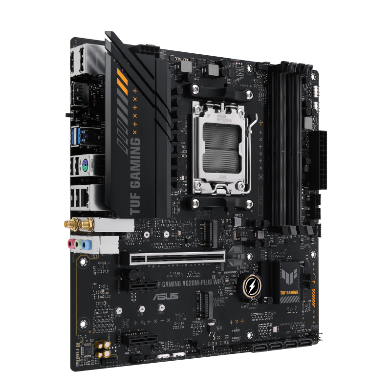 Asus | TUF GAMING A620M-PLUS WIFI | Processor family AMD | Processor socket AM5 | DDR5 DIMM | Memory slots 4 | Supported hard disk drive interfaces SATA, M.2 | Number of SATA connectors 4 | Chipset AMD A620 | Micro-ATX - Image 3