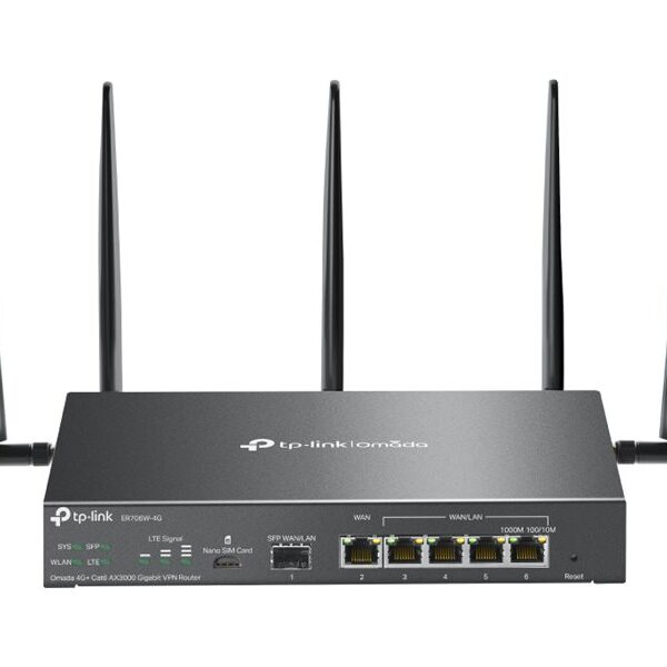Omada 4G+ Cat6 AX3000 Gigabit VPN Router | ER706W-4G | 802.1q | 10/100/1000 Mbit/s | Mesh Support Yes | MU-MiMO Yes | Antenna type Detachable | 60 month(s)