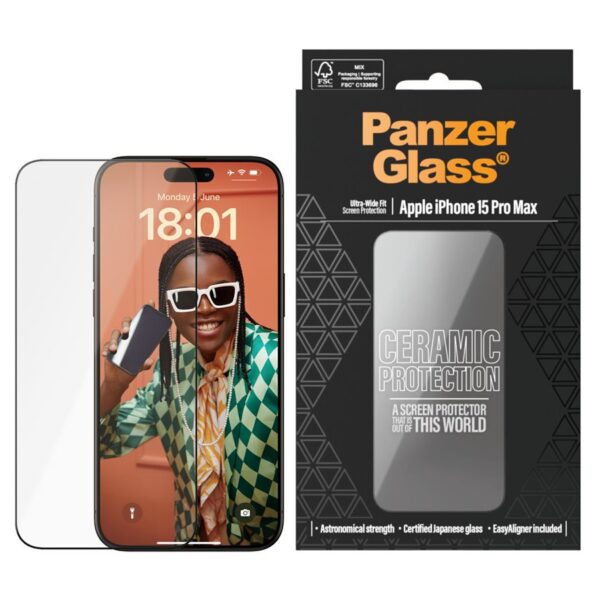 PanzerGlass | Screen protector | Apple | iPhone 15 Pro Max | Glass, Ceramic | Transparent | Ultra-Wide Fit w. EasyAligner