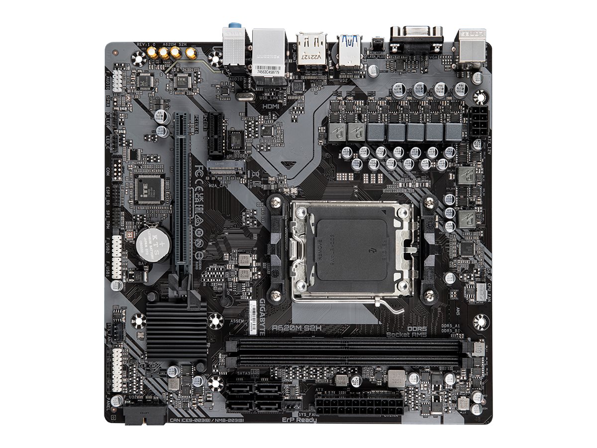 Gigabyte | A620M S2H 1.0 M/B | Processor family AMD | Processor socket AM5 | DDR5 DIMM | Memory slots 2 | Supported hard disk drive interfaces SATA, M.2 | Number of SATA connectors 4 | Chipset AMD A620 | Micro ATX - Image 2