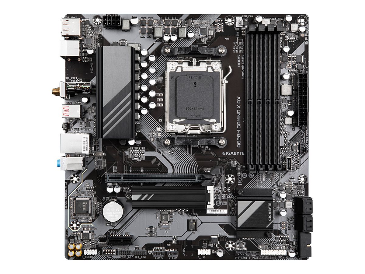 Gigabyte | A620M GAMING X AX 1.0 M/B | Processor family AMD | Processor socket AM5 | DDR5 DIMM | Memory slots 4 | Supported hard disk drive interfaces SATA, M.2 | Number of SATA connectors 4 | Chipset AMD A620 | Micro ATX - Image 3