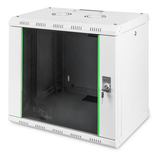 Digitus | Wall Mounting Cabinet | DN-19 09-U | Grey | IP protection class: IP20; Front door: Glass door, single opening; Cabinet type: Wall mounting cabinet; Equipment mounting depth min.-max.: 305-370 mm; Load capacity: 100 kg; Dimensions: 509 x 600 x 450 mm