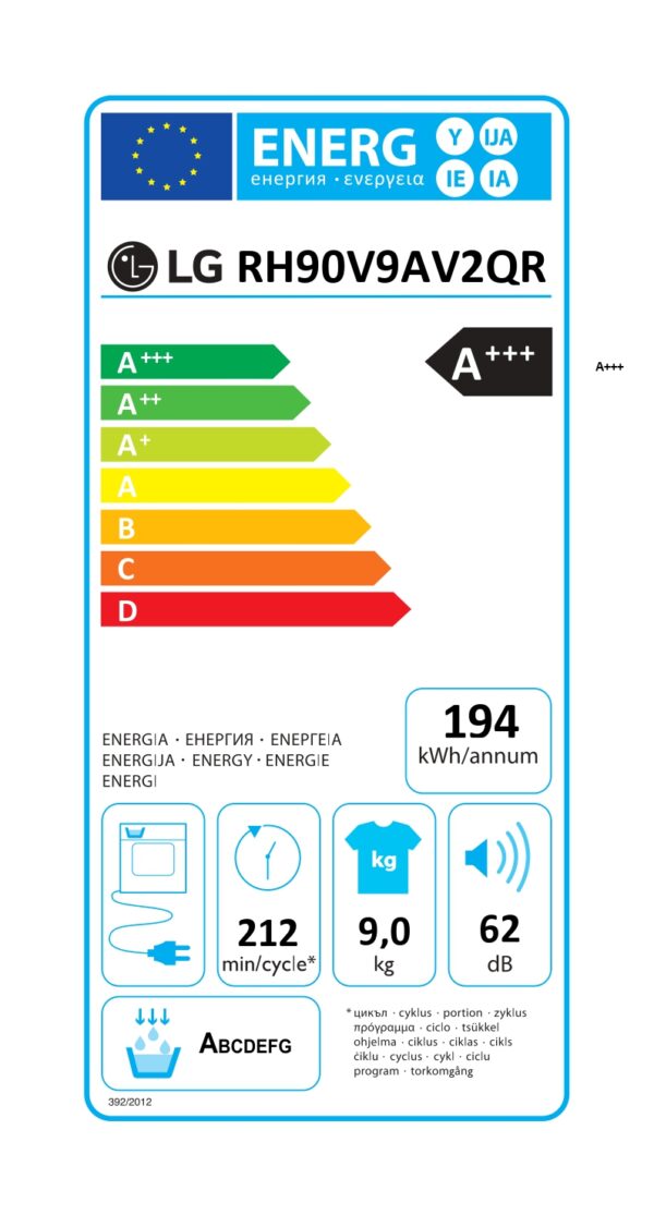 LG | Dryer Machine | RH90V9AV2QR | Energy efficiency class A+++ | Front loading | 9 kg | LED | Depth 69 cm | Wi-Fi | White - Image 9