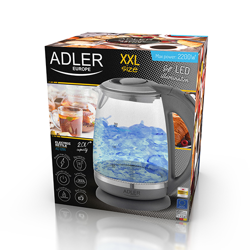 Adler | Kettle | AD 1286 | Standard | 2200 W | 2 L | Plastic/Glass | 360° rotational base | Grey/ transparent - Image 5
