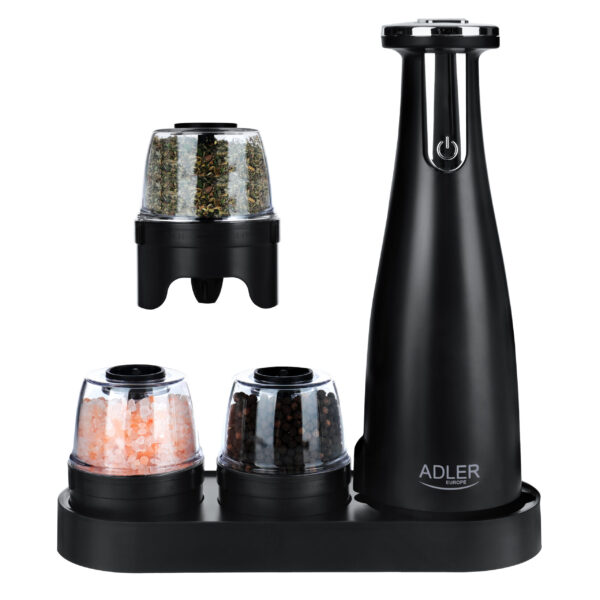 Adler | Electric Salt and pepper grinder | AD 4449b | Grinder | 7 W | Housing material ABS plastic | Lithium | Mills with ceramic querns; Charging light; Auto power off after: 3 minutes; Fully charged for 120 minutes of continuous use; Charging time: 2.5 hours; Cable charging: USB-C-USB-A; Grinder capacity: 150ml; Included: base, 3 replaceable grinders, tray, USB charging cable | Matte Black - Image 3