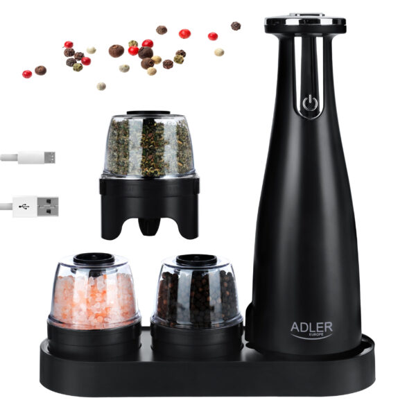 Adler | Electric Salt and pepper grinder | AD 4449b | Grinder | 7 W | Housing material ABS plastic | Lithium | Mills with ceramic querns; Charging light; Auto power off after: 3 minutes; Fully charged for 120 minutes of continuous use; Charging time: 2.5 hours; Cable charging: USB-C-USB-A; Grinder capacity: 150ml; Included: base, 3 replaceable grinders, tray, USB charging cable | Matte Black - Image 7