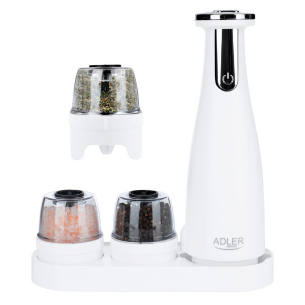 Adler | Electric Salt and pepper grinder | AD 4449w | Grinder | 7 W | Housing material ABS plastic | Lithium | Mills with ceramic querns; Charging light; Auto power off after: 3 minutes; Fully charged for 120 minutes of continuous use; Charging time: 2.5 hours; Cable charging: USB-C-USB-A; Grinder capacity: 150ml; Included: base, 3 replaceable grinders, tray, USB charging cable | Matte White - Image 3