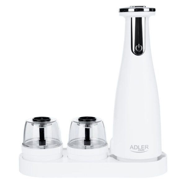 Adler | Electric Salt and pepper grinder | AD 4449w | Grinder | 7 W | Housing material ABS plastic | Lithium | Mills with ceramic querns; Charging light; Auto power off after: 3 minutes; Fully charged for 120 minutes of continuous use; Charging time: 2.5 hours; Cable charging: USB-C-USB-A; Grinder capacity: 150ml; Included: base, 3 replaceable grinders, tray, USB charging cable | Matte White